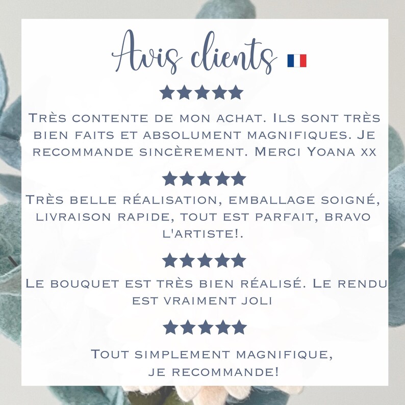 May include: A white square graphic featuring the text Avis clients and a French flag icon, followed by four sets of five dark blue stars. Each set of stars is accompanied by a customer review written in French, expressing satisfaction with the product.