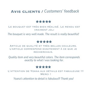 May include: A customer feedback graphic featuring the heading AVIS CLIENTS / Customers' feedback, followed by three sets of five-star ratings and bilingual reviews in French and English praising the quality, colors, and attention to detail.