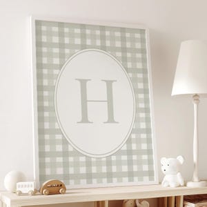 Decorative letter boy bedroom decor sage green boho printable wall art name initial vintage nursery decor gender neutral gingham poster