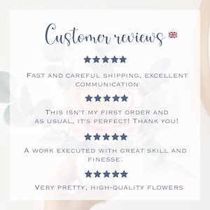 Puede incluir: Una tarjeta blanca con el texto &laquo;Customer reviews&raquo; y una bandera brit&aacute;nica. Presenta testimonios de clientes con valoraciones de cinco estrellas, elogiando el env&iacute;o r&aacute;pido, la comunicaci&oacute;n y las flores de alta calidad.