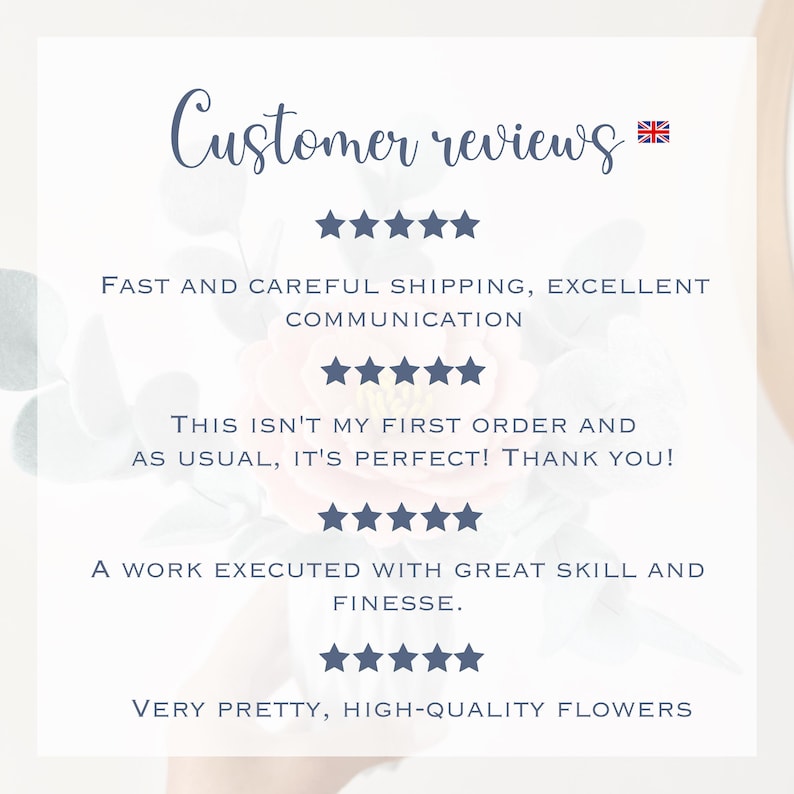 Puede incluir: Una tarjeta blanca con el texto &laquo;Customer reviews&raquo; y una bandera brit&aacute;nica. Presenta testimonios de clientes con valoraciones de cinco estrellas, elogiando el env&iacute;o r&aacute;pido, la comunicaci&oacute;n y las flores de alta calidad.