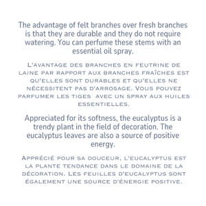 May include: A white informational card featuring dark gray text. The English text reads: The advantage of felt branches over fresh branches is that they are durable and they do not require watering. You can perfume these stems with an essential oil spray. Appreciated for its softness, the eucalyptus is a trendy plant in the field of decoration. The eucalyptus leaves are also a source of positive energy.