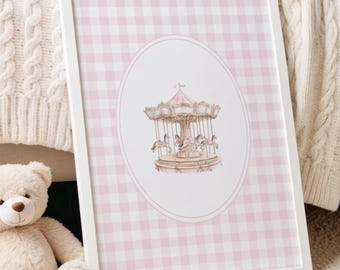 Carousel wall decor girl bedroom pink gingham wall art merry-go-round pastel pink bedroom print baby shower mom gift idea DIGITAL DOWNLOAD