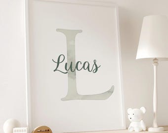 Boy initial neutral nursery decor watercolor personalized child bedroom wall art newborn baby boy gift idea minimalist toddler custom decor