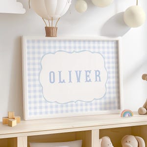 Personalized boy nursery gift idea blue and white gingham wall art print custom monogram newborn inexpensive bedroom decor digital download