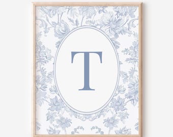 Blue toile elegant nursery wall decor personalised child initial room decor chinoiserie baby room custom wall print boy bedroom flower decor