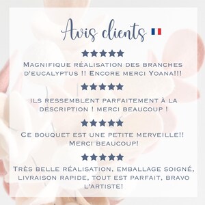 Pode incluir: Um gr&aacute;fico de avalia&ccedil;&otilde;es de clientes com o texto Avis clients e um &iacute;cone de bandeira francesa. Quatro conjuntos de cinco estrelas azul-escuras s&atilde;o exibidos sobre depoimentos em franc&ecirc;s elogiando ramos de eucalipto e um buqu&ecirc;, com um fundo floral desfocado.