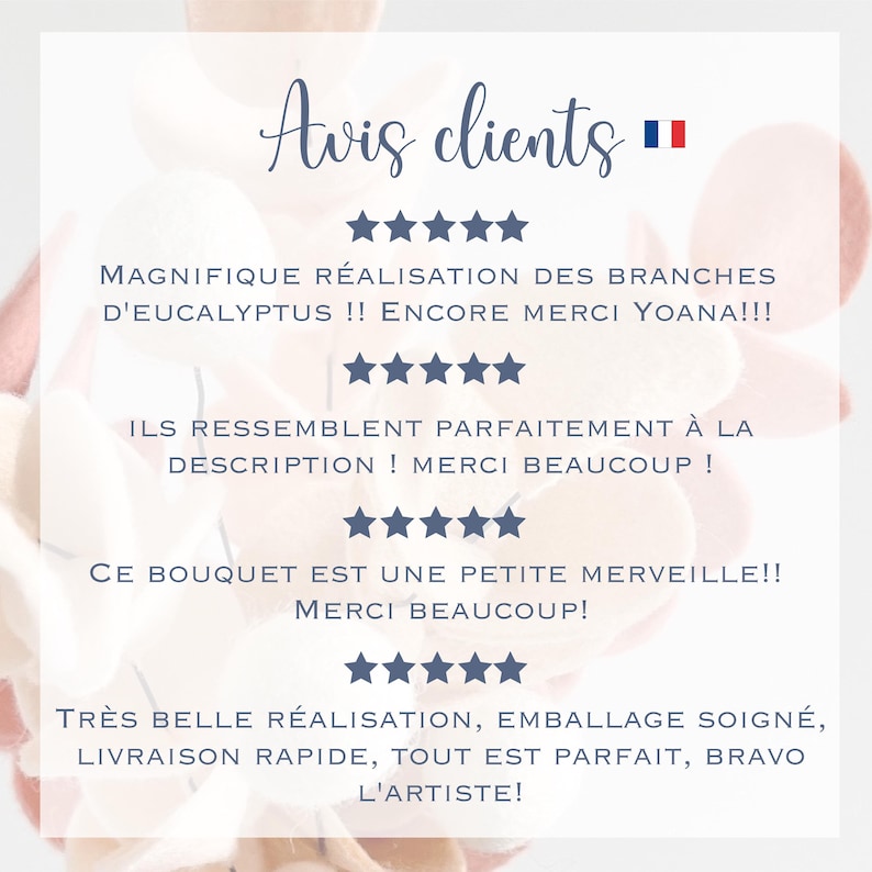 Pode incluir: Um gr&aacute;fico de avalia&ccedil;&otilde;es de clientes com o texto Avis clients e um &iacute;cone de bandeira francesa. Quatro conjuntos de cinco estrelas azul-escuras s&atilde;o exibidos sobre depoimentos em franc&ecirc;s elogiando ramos de eucalipto e um buqu&ecirc;, com um fundo floral desfocado.