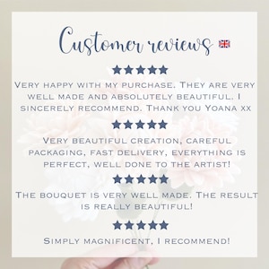 Op de afbeelding: Een grafische weergave met de titel Customer reviews, voorzien van vier rijen met elk vijf donkerblauwe sterren. De tekst bevat positieve feedback van klanten over de kwaliteit en schoonheid van de items, met een kleine Britse vlag bij de titel.