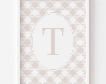 Beige bedroom decor boy&#39;s initial above crib printable wall art brown gingham modern nursery decor custom initial inexpensive toddler gift