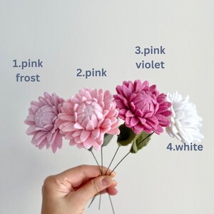 May include: Four felt flowers on thin green stems. The flowers are labeled: 1. pink frost, a light lavender-pink; 2. pink, a soft pastel pink; 3. pink violet, a deep magenta; and 4. white, a bright white flower. Each has layered petals.