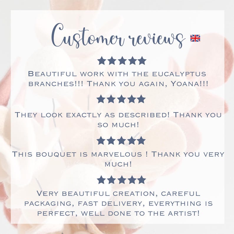 Pode incluir: Uma representa&ccedil;&atilde;o gr&aacute;fica de avalia&ccedil;&otilde;es de clientes com o texto Customer reviews e quatro conjuntos de cinco estrelas. O texto inclui feedback positivo sobre ramos de eucalipto, um bouquet e a artista Yoana, sobre um fundo suave.