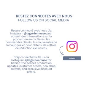 Pode incluir: Um gr&aacute;fico informativo branco com o texto RESTEZ CONNECT&Eacute;S AVEC NOUS FOLLOW US ON SOCIAL MEDIA. Inclui o log&oacute;tipo do Instagram, uma seta curva a apontar para um bot&atilde;o Follow e texto a direcionar os utilizadores para @legardenmuse.