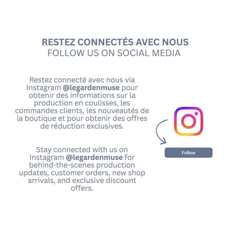 Pode incluir: Um gr&aacute;fico informativo branco com o texto RESTEZ CONNECT&Eacute;S AVEC NOUS FOLLOW US ON SOCIAL MEDIA. Inclui o log&oacute;tipo do Instagram, uma seta curva a apontar para um bot&atilde;o Follow e texto a direcionar os utilizadores para @legardenmuse.