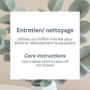 May include: A white square card featuring dark blue text that reads Entretien/ nettoyage, Utilisez un chiffon humide pour &eacute;liminer d&eacute;licatement la poussi&egrave;re, Care instructions, and Use a damp cloth to dust off the flowers, framed by green leaves.
