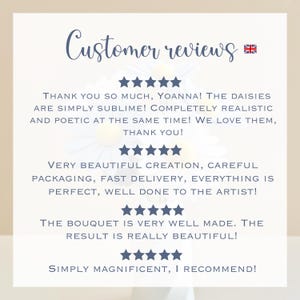 May include: A graphic display of customer reviews featuring the text Customer reviews with a British flag icon. Four sets of five dark blue stars are arranged above testimonials praising daisies and a bouquet, set against a faint floral background.
