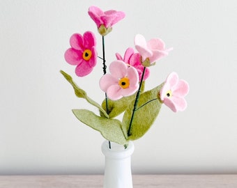 Cadeau fête des Mères fleur en feutrine de laine rose fait à la main, arrangement floral durable Myosotis décoration maison tige fleur laine