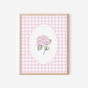 Hydrangea home decor inexpensive living room wall art flower print toddler room pink gingham poster newborn baby gift idea DIGITAL DOWNLOAD