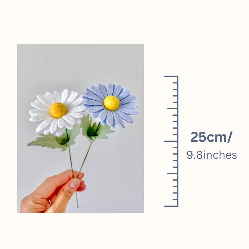 May include: Two felt daisy flowers, one white and one light blue, each featuring a bright yellow center and green leaves on thin stems. A ruler graphic indicates a total height of 25 cm or 9.8 inches for these decorative floral items.