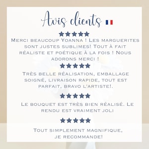 May include: A customer review graphic featuring the text Avis clients and a French flag icon. It displays four sets of five-star ratings with French testimonials praising the realistic daisy bouquet, careful packaging, and fast shipping.