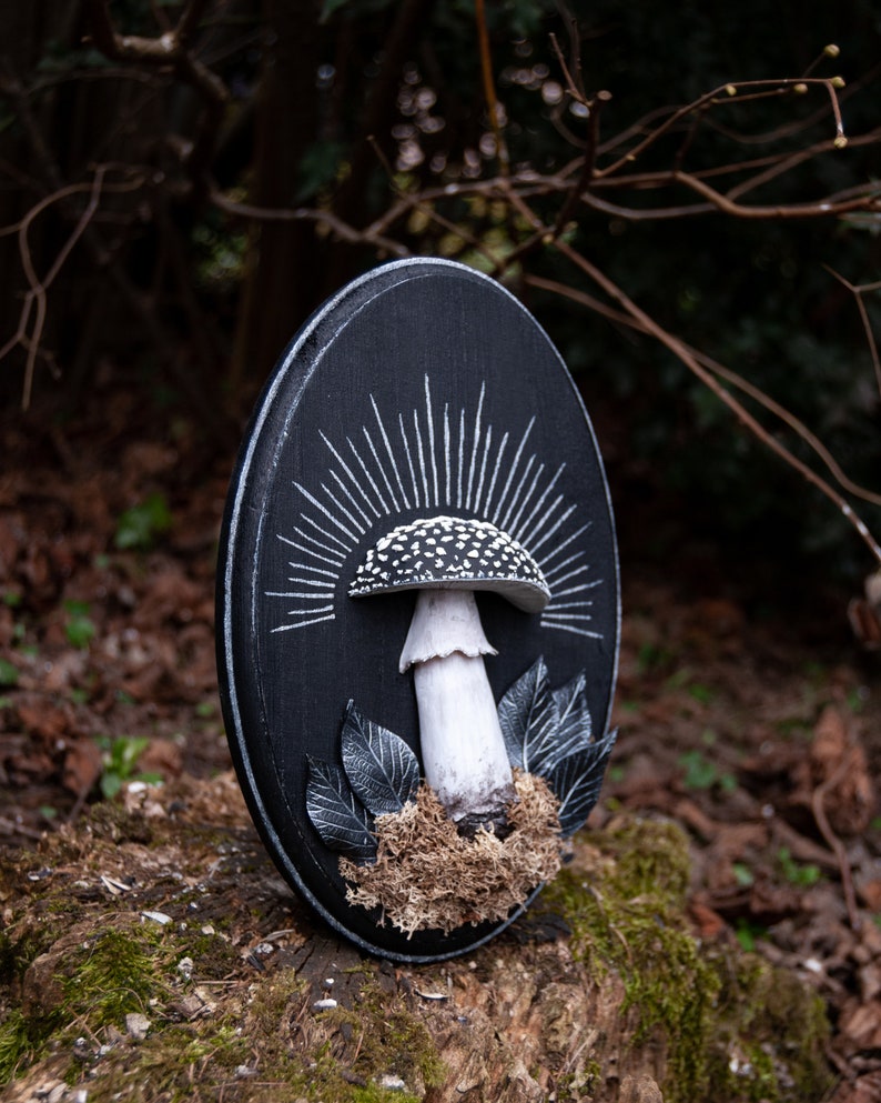 May include: A black, oval-shaped wooden plaque featuring a detailed mushroom sculpture. The mushroom has a white stem and a cap with black spots. White rays emanate from behind the mushroom, and there are decorative leaves and moss.