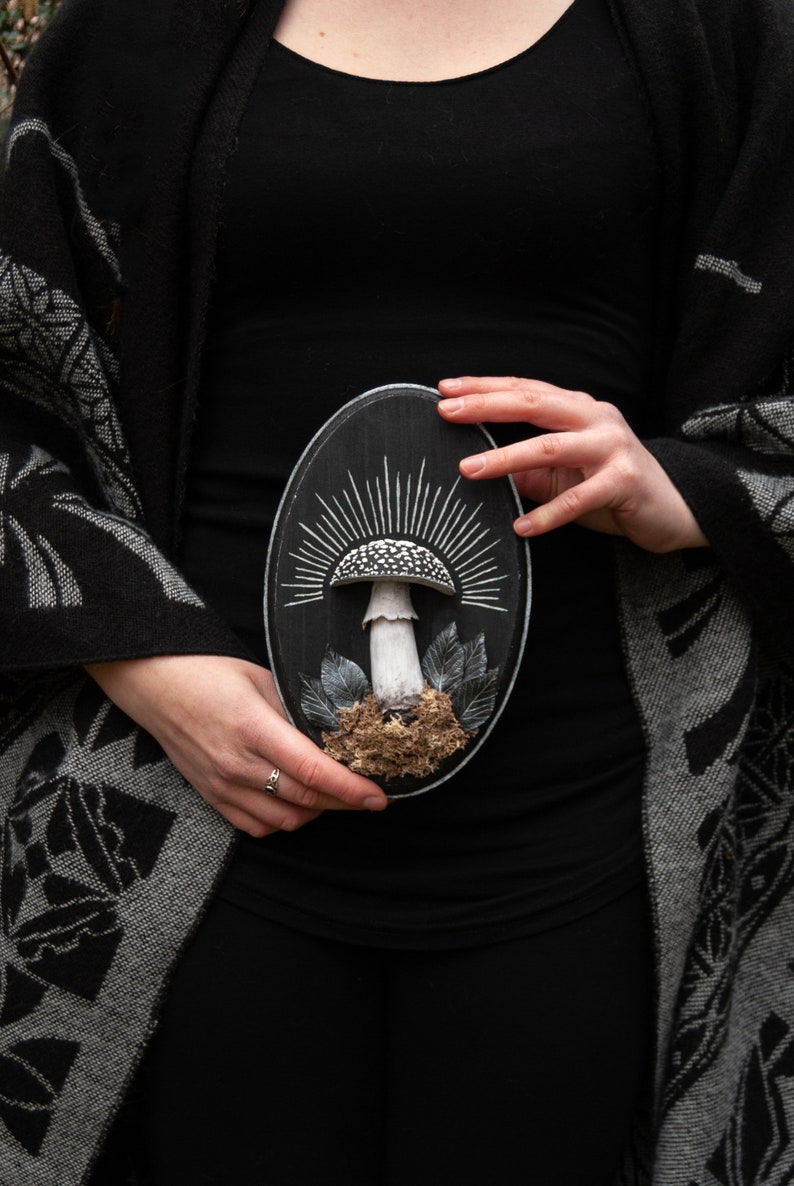 May include: A black oval wooden plaque featuring a detailed mushroom design. The mushroom has a white and black spotted cap, a white stem, and is surrounded by leaves and moss. White rays emanate from behind the mushroom.