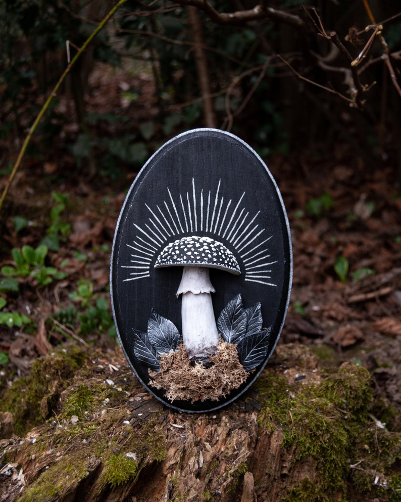 May include: Oval black wooden plaque featuring a white and black mushroom design with radiating lines. The mushroom has a white stem and a dotted cap. Gray leaves and brown moss surround the mushroom. The plaque is displayed outdoors.