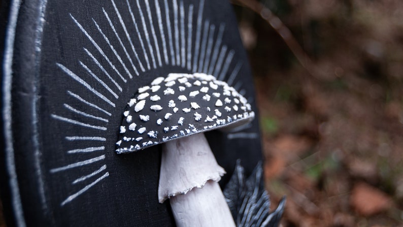 May include: A black and white mushroom sculpture with a sunburst design. The mushroom cap is black with white spots, and the stem is white. The background is a dark, textured surface.