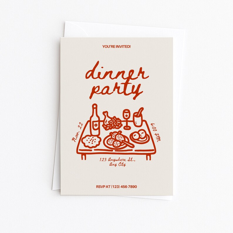 May include: A cream-colored dinner party invitation with red illustrations and text. The invitation includes a table setting with food and drinks, the date, time, and RSVP information. The words "dinner party" are written in a decorative font.