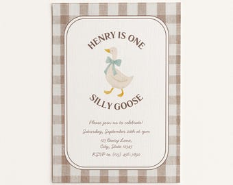 Modello di invito per la festa del primo compleanno di One Silly Goose / Invito di compleanno stampabile / 1°, 2°, 3° / Modello Canva modificabile / 5x7
