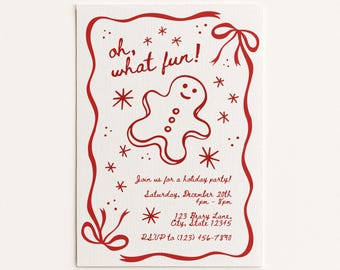Modello di invito per festa di Natale a tema pan di zenzero / Invito stampabile per festa di Natale "Oh What Fun" / 1°, 2°, 3° / Modello Canva modificabile / 5x7