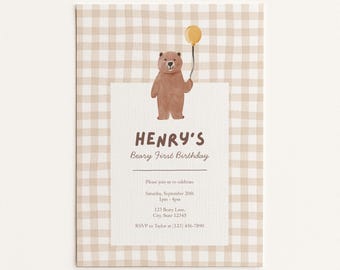 Modello di invito per la festa del primo compleanno di Beary / Invito stampabile per la festa di compleanno / 1°, 2°, 3° / Modello Canva modificabile / 5x7 e mobile