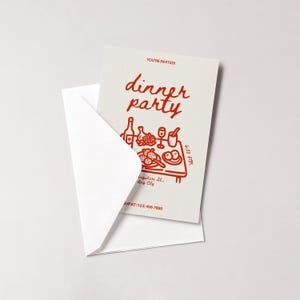 May include: A white invitation card with a red illustration of a dinner table, wine bottle, and food, inside a white envelope. The words "dinner party" are written in red script, with "You're Invited!" above and the time and RSVP information below.