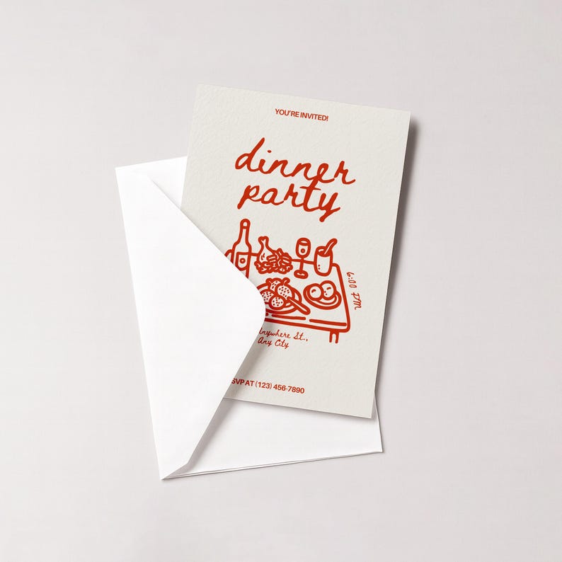 May include: A white invitation card with a red illustration of a dinner table, wine bottle, and food, inside a white envelope. The words "dinner party" are written in red script, with "You're Invited!" above and the time and RSVP information below.