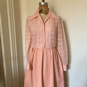 Pink 70s dress / Vintage 70s Herman Marcus Dallas peach sun dress, day dress / 70s pink wing collar dress / 70s prairie dress