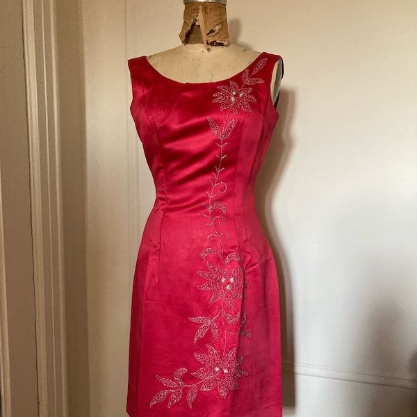 Red shift dress / Cherry red 50s hourglass wiggle dress with beading / vintage red cocktail dress