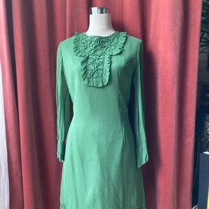 Green 60s shift / Mad Men-style olive chiffon dress / green Mod dress