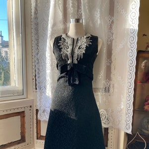 Black 60s shift / Mad Men-style black and silver cocktail dress with floral embroidery