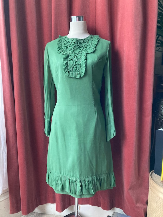 Green 60s shift / Mad Men-style olive chiffon dres