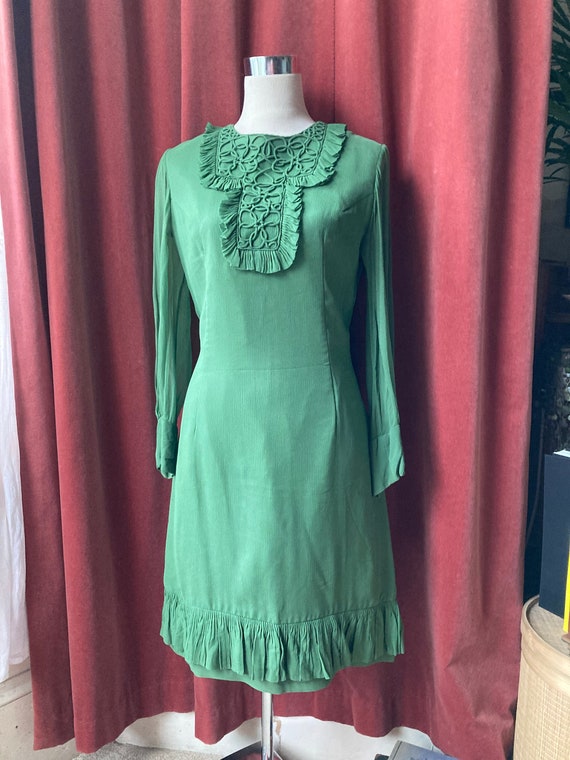 Green 60s shift / Mad Men-style olive chiffon dres