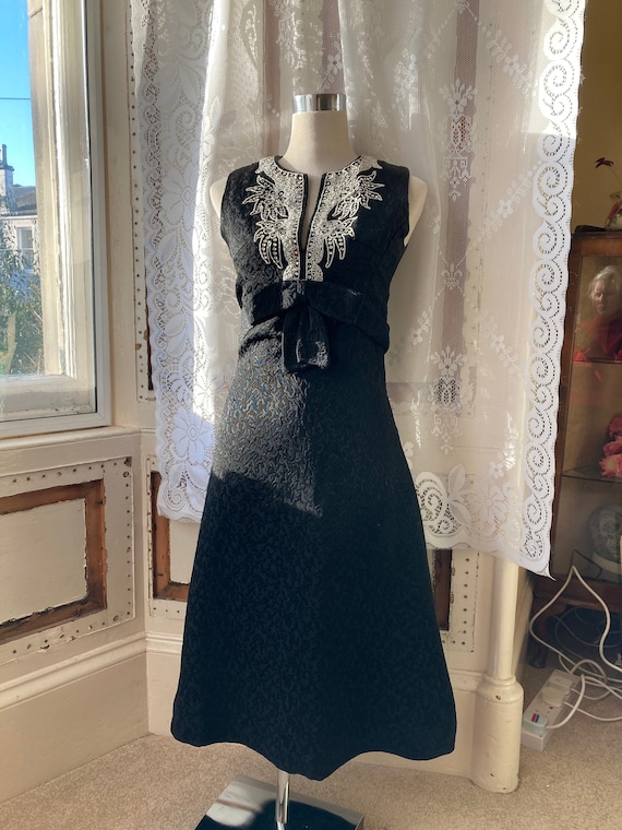 black 60s shift dress 1960s shift cocktail dress rhinestone trim LBD XS-S