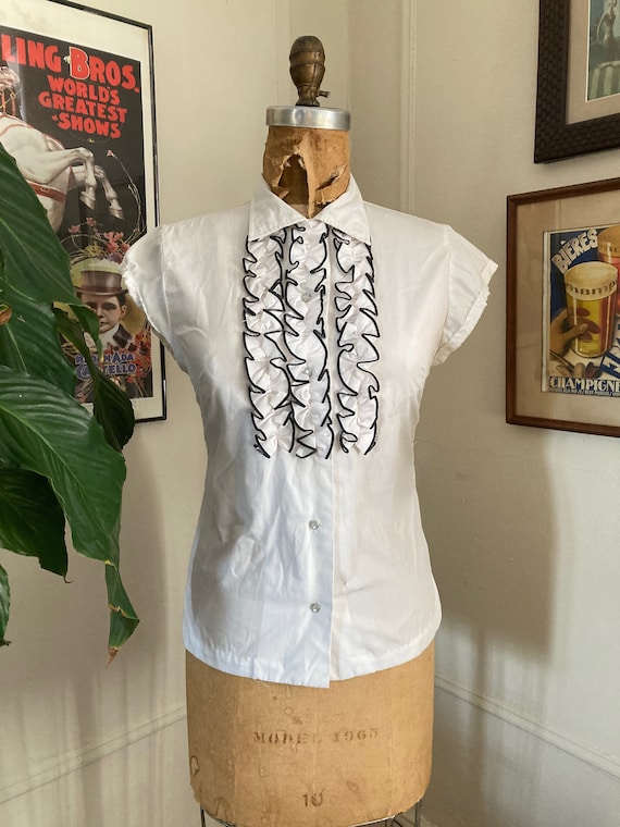 Vintage 60s Trail Ridge white ruffle front blouse 