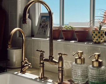 Unlacquered Brass Kitchen Faucet - Antique Style - Solid Brass Bridge Faucet - Sink Faucet - Vintage Kitchen Sink Faucet