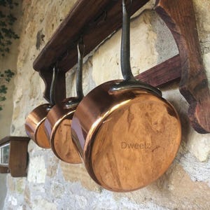 Vintage French Copper Cookware Set, 5 Piece Tin Lined Pots, 12cm-20cm, Vintage Hammered Pans with Cast Iron Handles