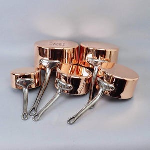 Vintage French Copper Cookware Set, 5 Piece Tin Lined Pots, 12cm-20cm, Vintage Hammered Pans with Cast Iron Handles