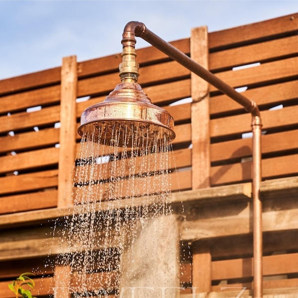 Soffione doccia a pioggia in rame non laccato fatto a mano, doccia da esterno