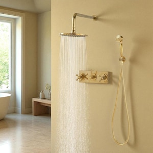 Unlacquered Brass Shower System with Rain Head, Handheld & Cross Handles