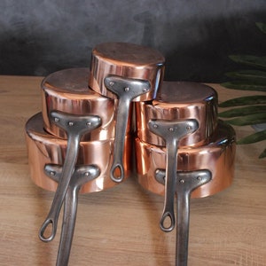 Vintage French Copper Cookware Set, 5 Piece Tin Lined Pots, 12cm-20cm, Vintage Hammered Pans with Cast Iron Handles