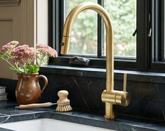 Unlacquered Brass Single Handle Pull Down Kitchen Faucet, Kitchen Sink Faucet, Pull Down Faucet, Pull Out Faucet