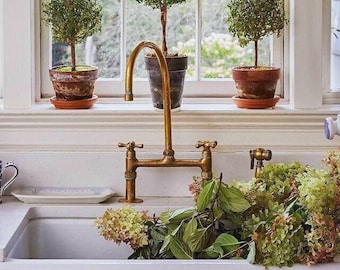 Unlacquered Brass Kitchen Faucet - Antique Style - Solid Brass Bridge Faucet - Sink Faucet - Kitchen Faucets - Brass Sink Fixture